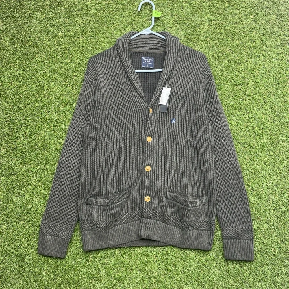 Abercrombie & Fitch Sweater Mens Medium Green Cotton Shawl Cardigan Pockets